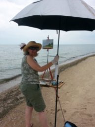 Painting Vera's Refuge on the East Beach, storm incoming